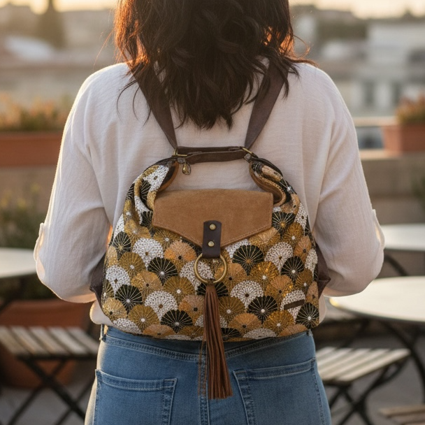 Bolso convertible en mochila *Kiku Camel*. Pieza única hecha a mano. Num 95
