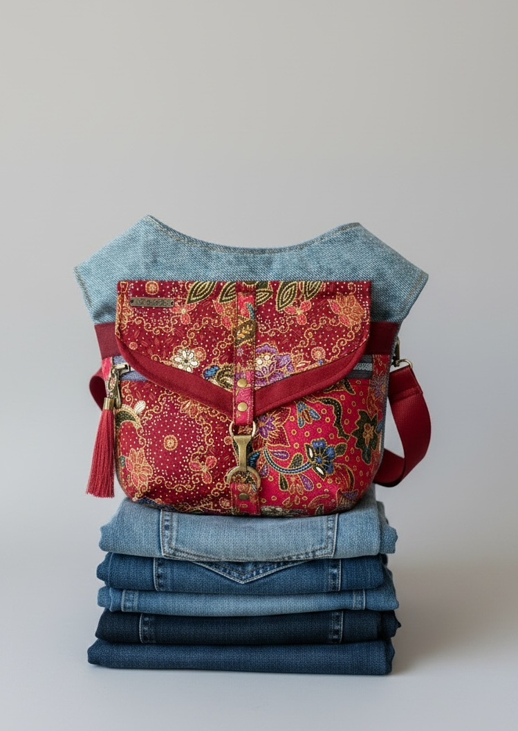 Riñonera Jeans *Flor de Batik*. Pieza única hecha a mano. Num 98