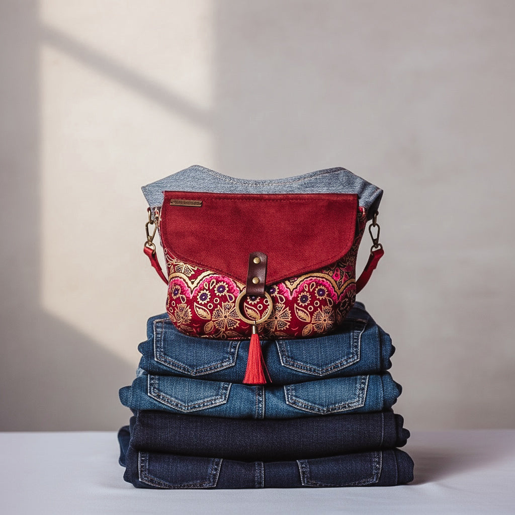 Riñonera Jeans *Java Bordeaux*. Pieza única hecha a mano. Num 127