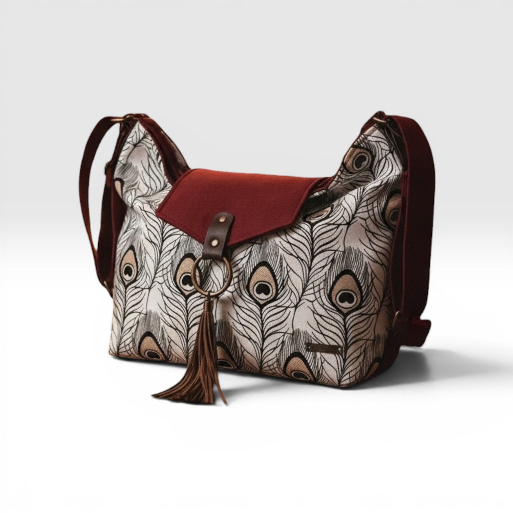Bolso convertible en mochila *Plumage Bordeaux*. Pieza única hecha a mano. Num 97