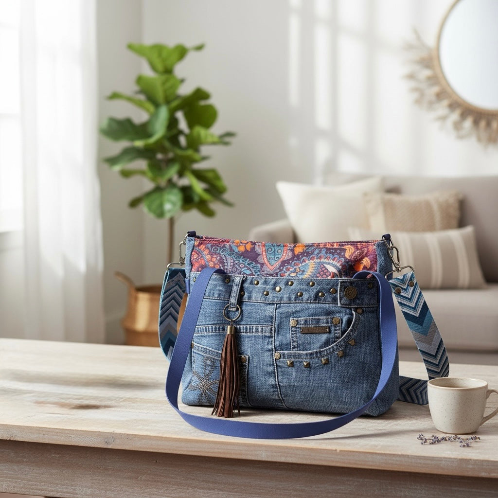 Bolso Jeans Upcycled *Paisley Soul*. Pieza única hecha a mano. Num 125