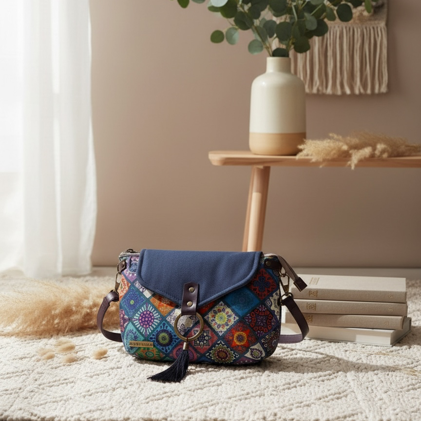 Mini bandolera artesanal en tejido patchwork mandala multicolor con solapa de antelina azul índigo y borla negra
