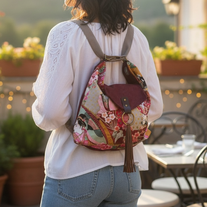 Bolso Convertible en mochila *Sakura*. Pieza única hecha a mano. Num 90