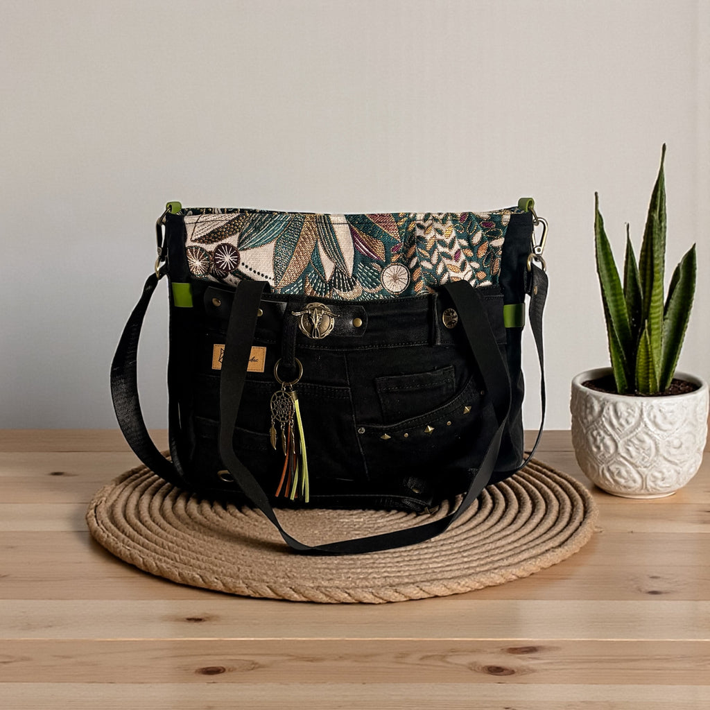 Bolso Jeans *Bosque Verde Dorado*. Pieza única hecha a mano. Num 79