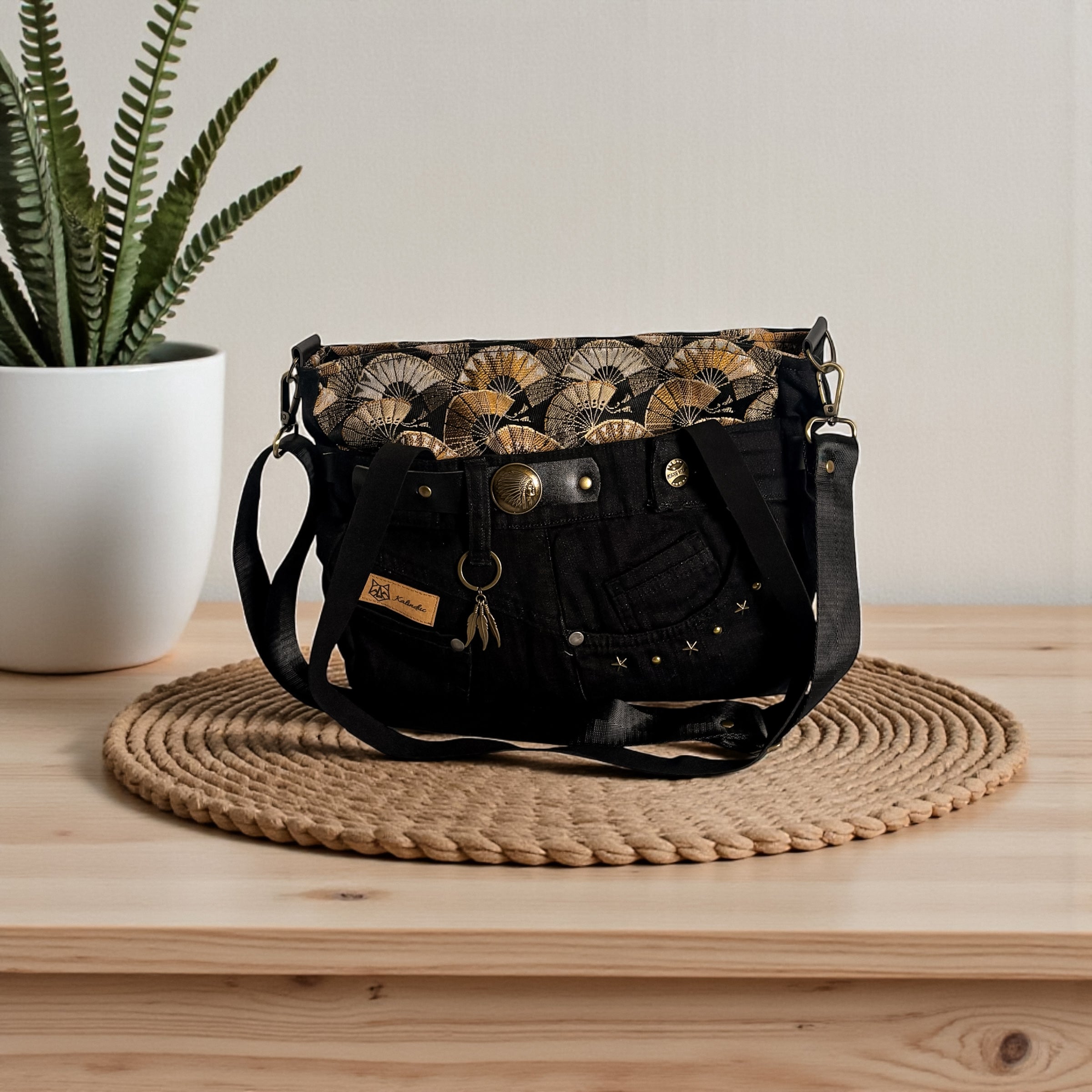 Bolso Jeans *Abanicos Japoneses Dorados*. Pieza única hecha a mano. Num.78