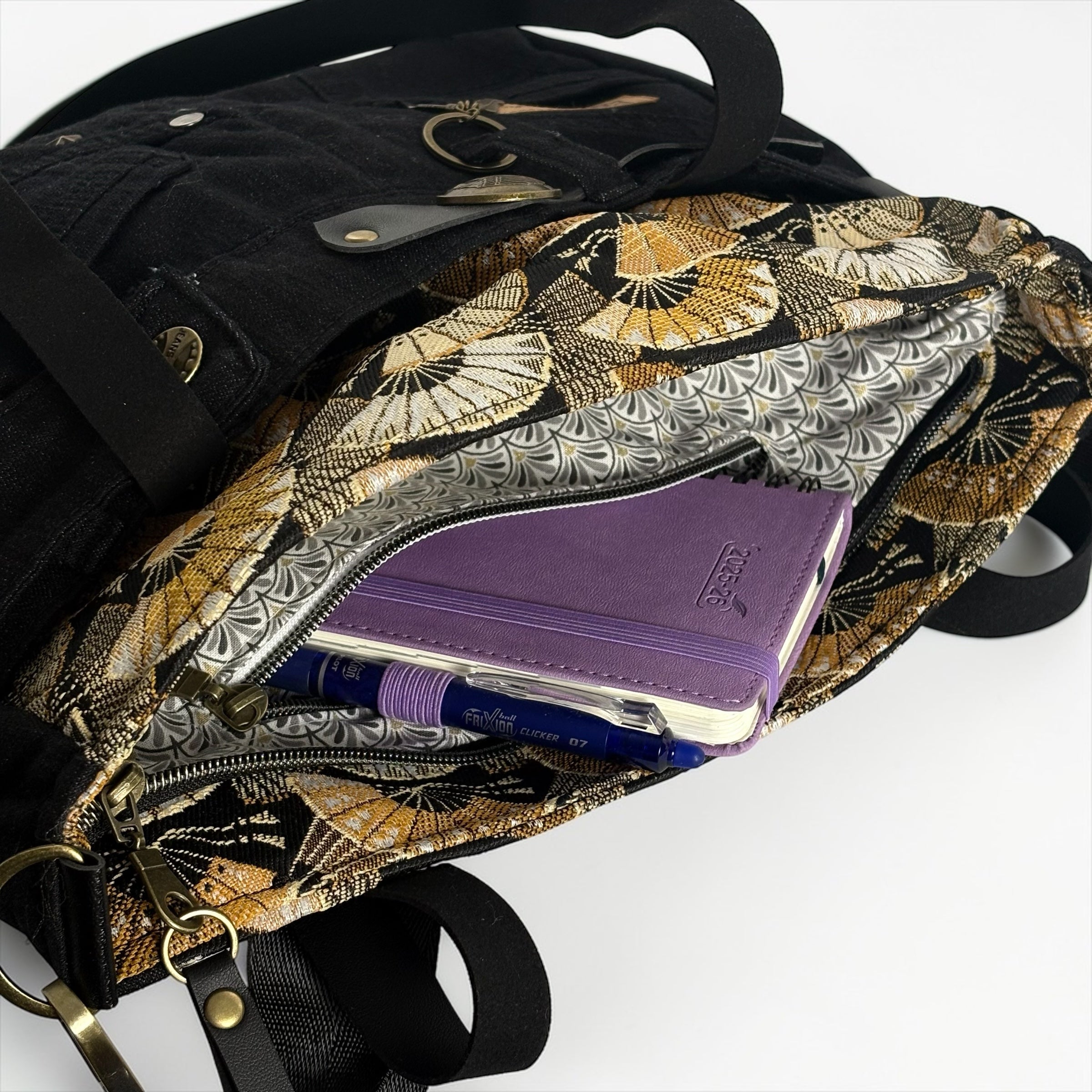 Bolso Jeans *Abanicos Japoneses Dorados*. Pieza única hecha a mano. Num.78