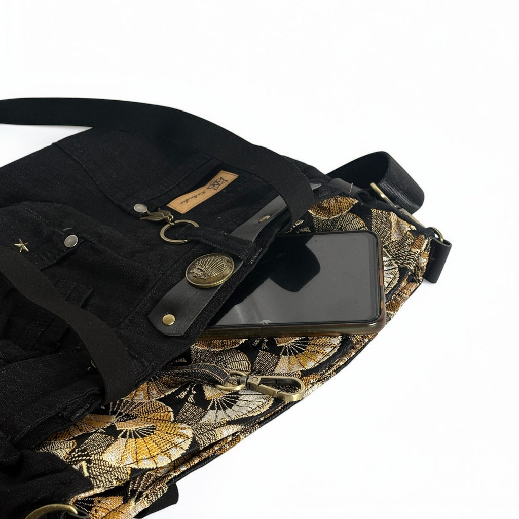 Bolso Jeans *Abanicos Japoneses Dorados*. Pieza única hecha a mano. Num.78