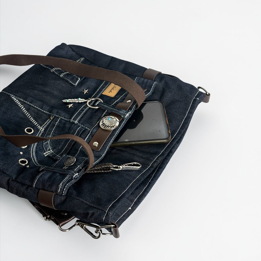 Bolso Jeans Recycled *Pluma estrellada*. Pieza única hecha a mano. Num 82