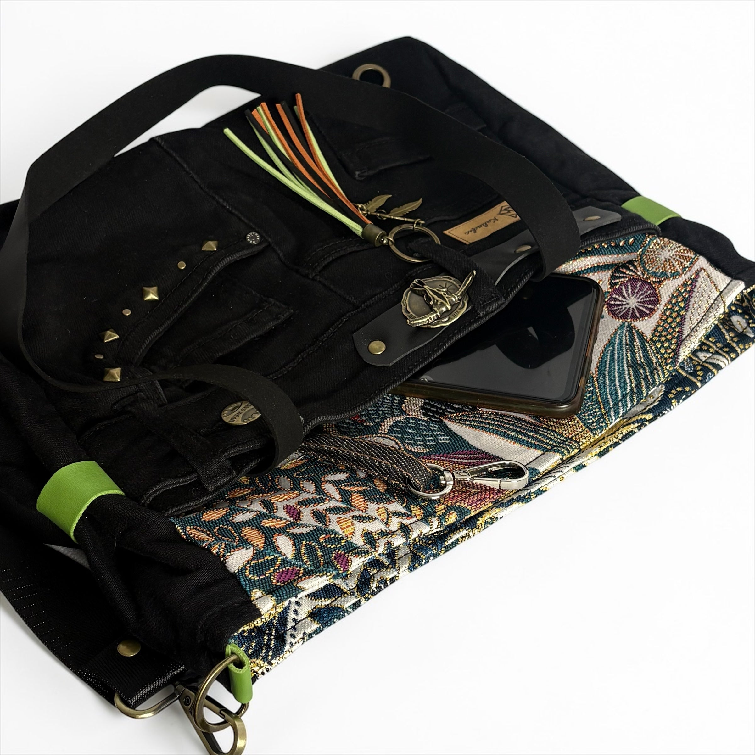 Bolso Jeans *Bosque Verde Dorado*. Pieza única hecha a mano. Num 79